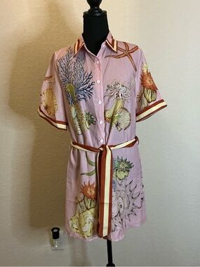 Pink Sea Life Print Shirt Midi Dress with Belt